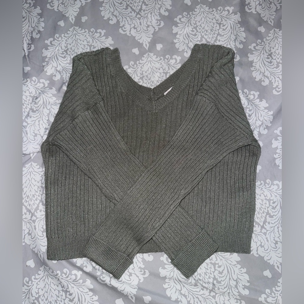 Ribbed Sage Green V-Neck Sweater